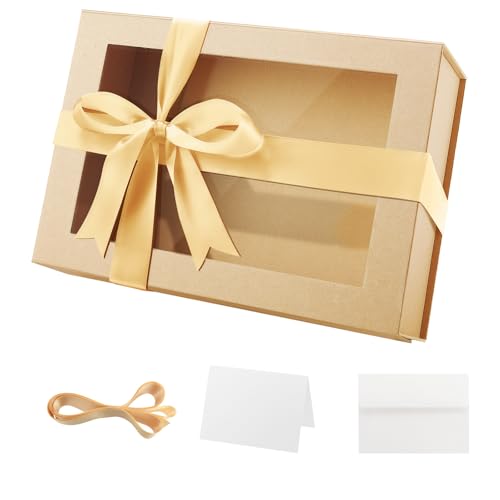 PACKQUEEN Large Kraft Gift Box with Window, 13.5x9x4.1 Inches Clear Gift Box for Present Contains Ribbon, Card, Groomsman ...