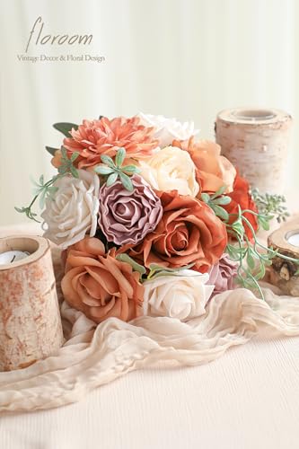 Floroom Terracotta Artificial Flowers Burnt Orange Fake Roses Peonies Dahlia Greenery Combo Box Set for DIY Wedding Bouque...