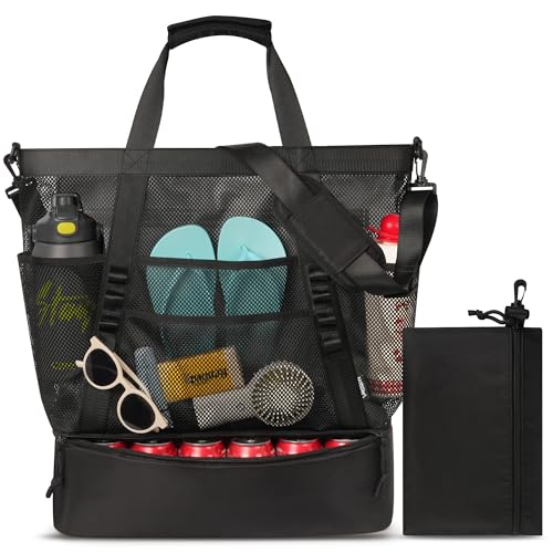 VAYOQON Extra Large Beach Bag with Cooler, Mesh Tote Bag for Women with Zipper, Waterproof Sandproof Pool Vacation Essentials