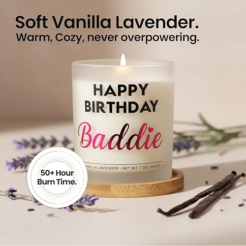 Best Friend Birthday Gifts for Women – Happy Birthday Baddie Soy Candle Gift Set, Vanilla Lavender, 50+ Hour Burn, Ready t...