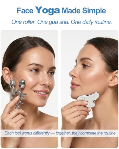 Yeamon Gua Sha Facial Tools, 3-in-1 Gua Sha & Roller & Comb Set, Upgraded No-Slip Textured Guasha, Metal Lymphatic Drainag...