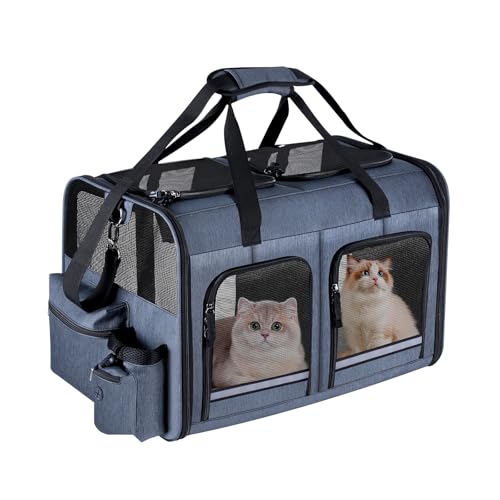 Groxkox Cat Carrier for 2 Cats, Foldable Double Cat and Dog Carrier, Small to Medium Size, 2 Front Zippered Compartments,T...
