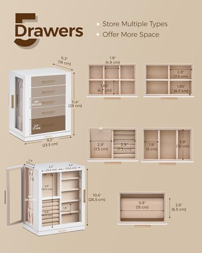 Glimmloop 360° Rotating Jewelry Box with 5 Drawers, Spacious Vertical Jewelry Organizer with Glass Window, Jewelry Storage...