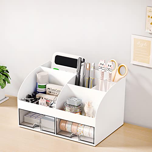 COMFYROOM Desk Organizer with 6 Compartments and 2 Drawers, Plastic Makeup Organizer, Pen Holder for Desktop Storage, Desk...