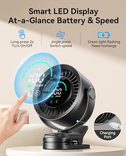 KIMMOO Portable Clip on Fan, 100-Speed Rechargeable USB Fan with LED Display, 360° Rotation & Strong Airflow Desk Fan, Up ...