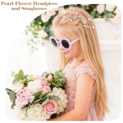 Srotmirw 4 Pcs Flower Girl Proposal Set Flower Girls Gifts Including Flower Girl Pearl Headpiece Round Flower Sunglasses f...