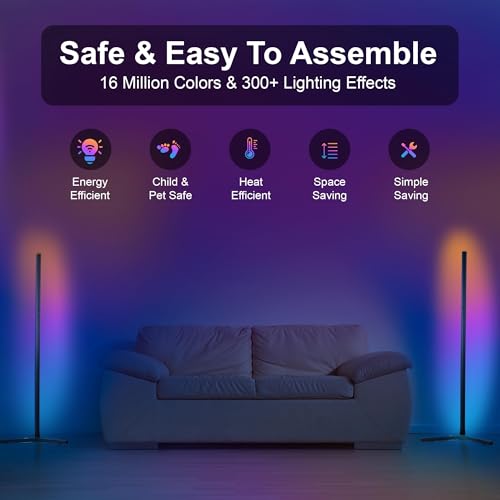 Oizuon 2 Pack Corner Floor Lamp – 57'' Tall RGB Lamp Modern Mood Lighting with 88 LEDs, Bluetooth App Control, and Sturdy ...
