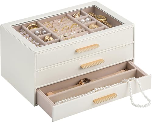 Lolalet Jewelry Box Organizer, 3-Layer Jewelry Organizers and Storage Case with Glass Lid, Ring Earring Bracelet Necklace ...