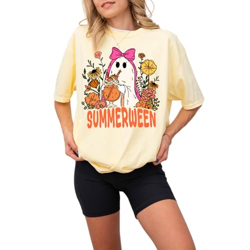 Summerween Ghost Design - Womens Comfort Colors - Butter Yellow Retro Halloween Floral Graphic Tee