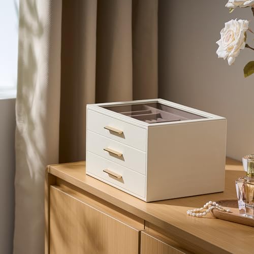 pickpiff Jewelry Box Organizer Case for Women: 3-Layer Jewelry Storage Case with Glass Window, Ivory Leather with Pink Vel...