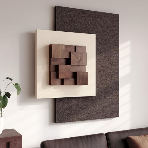 3D Wood Textured Large Neutral Abstract Wall Art, Modern Beige Brown Geometric Paintings Artwork for Walls-Minimalist Wood...