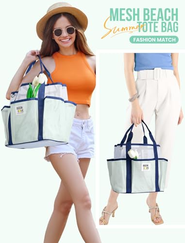 nemeki Mesh Beach Bag for Women Small Beach Tote Bag Sandproof Foldable Swim Pool Bag with 8 Pockets for Travel