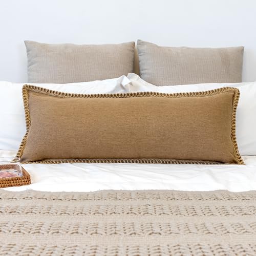 JoraLion Burlap Linen Lumbar Pillow Cover 14 x 36 inch, Trimmed Tailored Edges Cushion Cover Farmhouse Modern Decorative P...