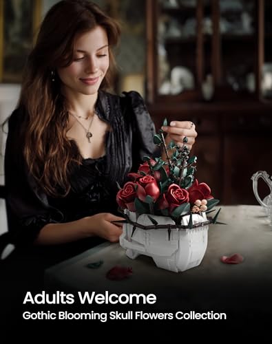 iATOM Skull Roses Flower Bouquet Building Set, Botanical Collection Kit for Adult Women, Birthday Gifts for Mothers Day fo...