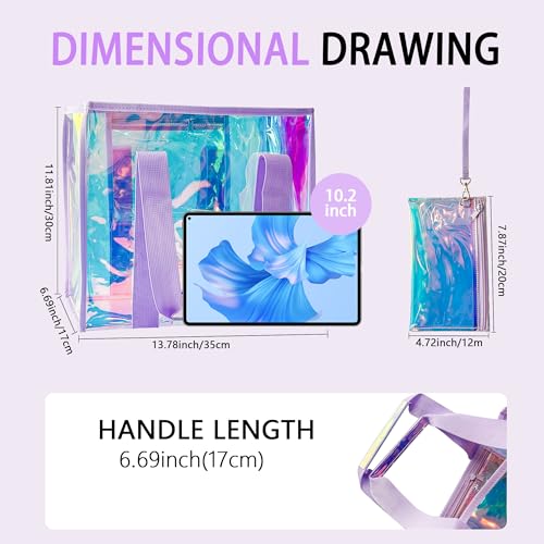TotePrint PVC Waterproof Holographic Colorful Tote Handbag with Small Mobile Phone Bag for Beach, Travel and Shopping（0.4MM）