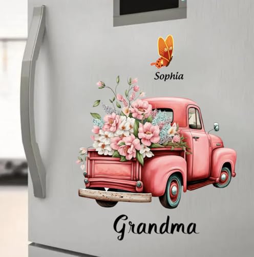Grandma Pink Floral Truck Butterflies Decal, Personalized Grandma Flower Truck Car Sticker, Custom Pink Butterfly Floral D...