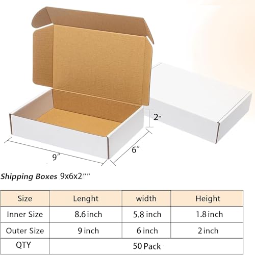 ZxeluPapr 50 Pack 9x6x2 Shipping Boxes, White Corrugated Cardboard Packaging Box for Small Business