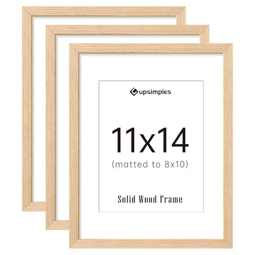 upsimples 11x14 Picture Frame Set of 3, Natural Solid Wooden Picture Frames, Display 8x10 with Mat or 11 x 14 Without for ...