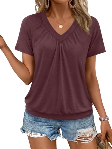 AUTOMET Womens Tops Short Sleeve V Neck T Shirts 2026 Summer Spring Beach Vacation Clothes Casual Loose Ruched Top
