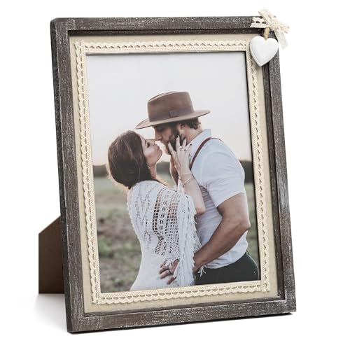 Afuly 8x10 Picture Frame Wooden Distressed Rustic Photo Frame with White Heart Burlap Lace, Solid Wood Frame for Farmhouse...