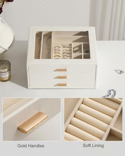GLOBAL KA Jewelry Box with Glass Lid,3-Layer Jewelry Boxes for Women,PU Leather Jewelry Organizer with 20-Grid Earring Dra...