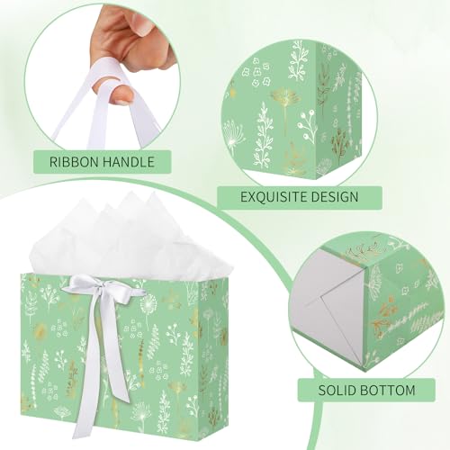 woric 13.7''Gift Bags Set of 2 Large Sage Green Bags for Women with Handles Tissue Paper Cards for Mother's Day Weddings B...