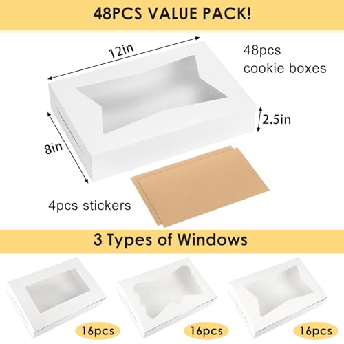 Moretoes 48pcs Bakery Boxes,12x8x2.5 Inches Cookie Boxes with 3 Style Window for Chocolate Covered Strawberries, Desserts,...
