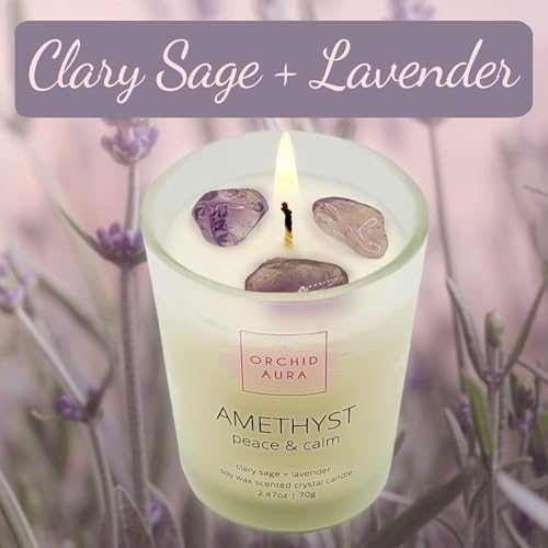 ORCHID AURA Soy Candles with Healing Crystals. Citrine, Rose Quartz, Amethyst Crystal. Eucalyptus + Lemongrass, Jasmine + ...