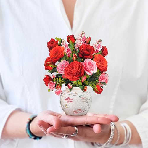 Freshcut Paper Pop Up Cards, Mini Blooming Roses, 6 Inch Mini Sized Forever Flower Bouquet 3D Popup Greeting Cards, Valent...