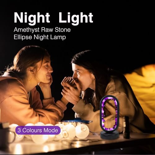 Runyangshi Crystal Lamp Amethyst Raw Stone Ellipse Night Lamp Natural Healing Crystal Night Light Table Lamp Base USB Port...