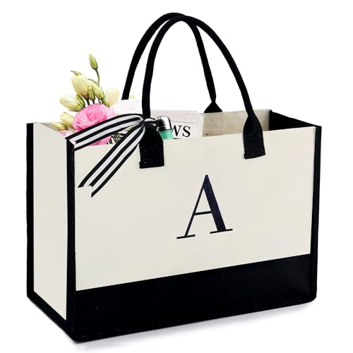 BeeGreen Embroidery Monogram Initial Tote Bag for Women Teacher Mom Friend Personalized Gift for Birthday Beach Work Wedding
