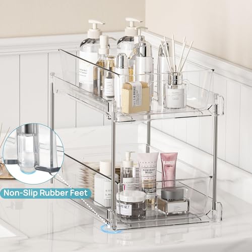 Vtopmart 4 Pack Bathroom Organizer, 2 Tier Clear Under Sink Organizers Vanity Countertop Storage Container,Cabinet Drawers...