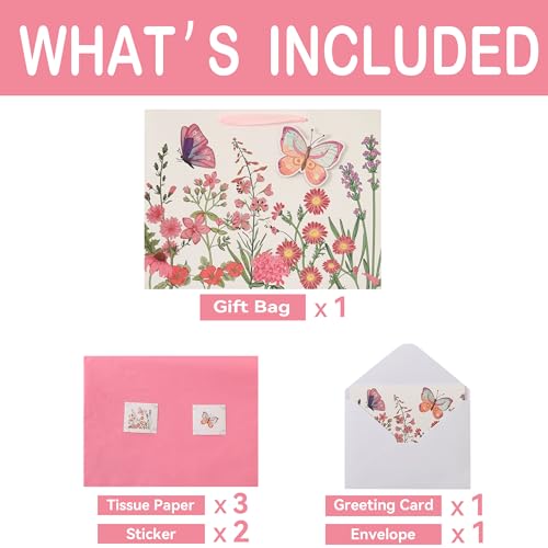 Qirrmiy 16.5” Extra Large 3D Butterfly Gift Bag Set with Handles, Greeting Card, Pink Tissue Papers and Stickers for Women...