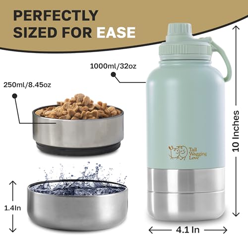 Tail Wagging Love 32oz 3-in-1 Portable Travel Water Bottle, Food & Hydration Bottle - Dual Use for Humans & Pets with Deta...