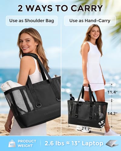 OnWander Large Mesh Beach Tote Bag - 50L Pool Bags with 2 Inner Zipper Waterproof Pockets for Swim Toys Towels Travel