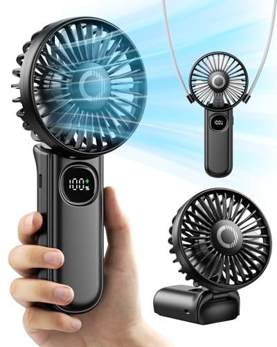 Foldable Portable Fan with LED Display, 3000mAh Battery Operated Mini Hand Held/Neck/Desk 3 in 1 Personal Small Fan for Ey...