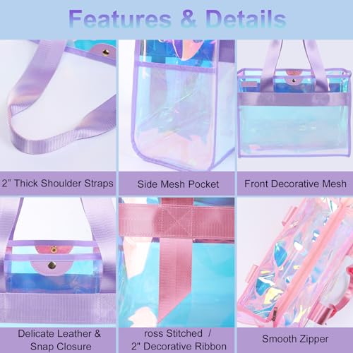Gryvol 2-Piece 26L Iridescent Beach Bags for Women,Purple Beach Tote Bag & Pink Clear Tote Bag, Large Waterproof Beach Bag...
