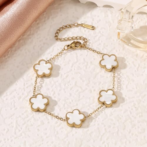 Lucky Clover Neckalce Earring Bracelet Set For Women Gold Plated Stainless Steel Chain Necklace with Flower Design Five Le...