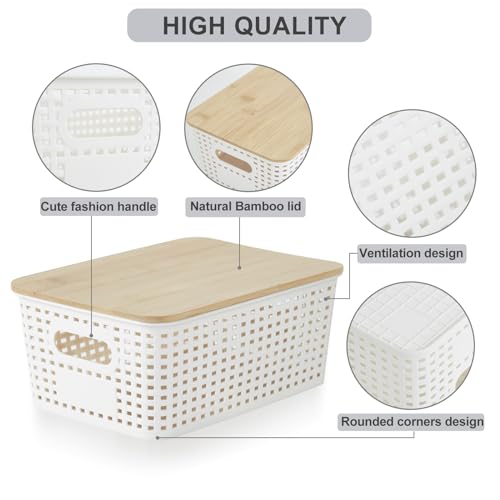 Bagnizer Small Plastic Storage Bins with Bamboo Lids 5.2qt Stackable Box Basket Pantry Decorative Containers Cute with Lab...