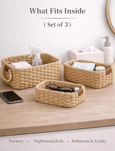 Panovox Storage Basket, Recycled Paper Rope Basket Organizer, 3Pcs Small Baskets for Organizing, Mini wicker Basket for De...