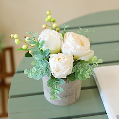 Rosscer Small Artificial Burnt White Rose Potted Plant, 6" Fake Silk Flowers in 3" Cylindrical Pot, Mini Faux Floral Arran...