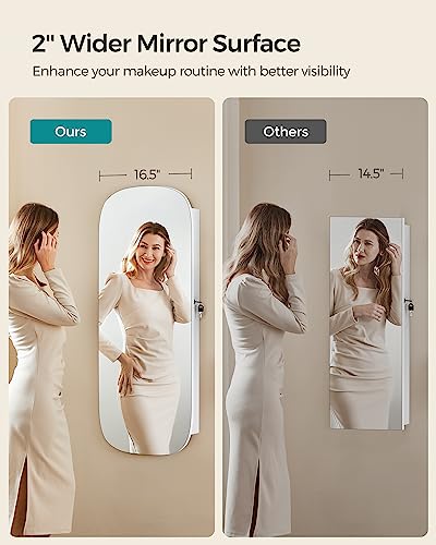 SONGMICS Jewelry Organizer, LED Jewelry Cabinet Wall/Door Mounted, Lockable Rounded Wide Mirror with Storage, Interior Mir...