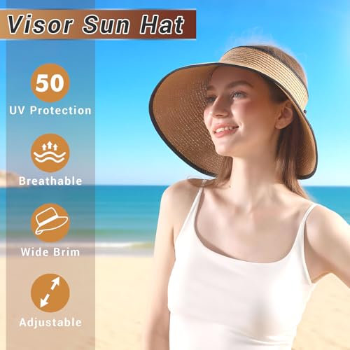 Sun Visors for Women Wide Brim Beach Hat Foldable Straw Visor Hat Ponytail Summer Packable