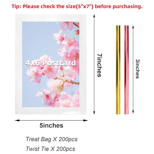 Cello Cellophane Treat Bags,5x7 Inches Clear Cellophane Bags 200 Pcs OPP Plastic Treat Bags with 200 Twist Ties for Gift W...