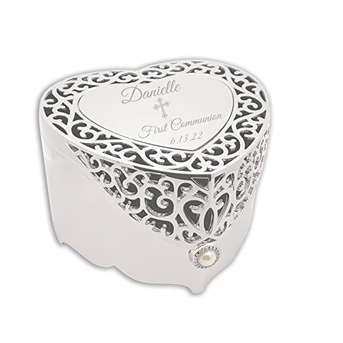 Cherished Moments Personalized First Communion Gift for Girls Filigree Heart Jewelry Keepsake Box with Custom Engraved Cro...