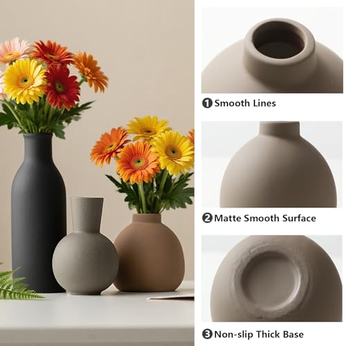 Ceramic Vase Set of 3, Vases Home Decor, Neutral Rustic Modern Farmhouse Decor, Pottery Vases for Pampas Grass Dried Fresh...