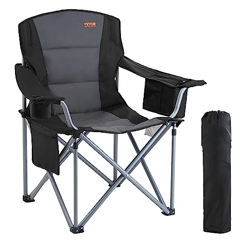 VEVOR Oversized Camping Folding Chair, Portable Heavy Duty Outdoor Quad Lumbar Back Padded with Side Pockets, Cup Holder a...