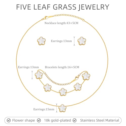 Gold Necklaces Bracelets Earring Set - 18K Gold Plated Flower Bracelet Chain,Stainless Steel Non Tarnish Floral Pendant St...