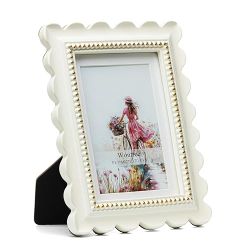Wontree Wavy 5x7 Picture Frame White with Gold Beaded Trim, Resin Frame with Real Glass, Display 5x7 Photos Matted to 4x6,...
