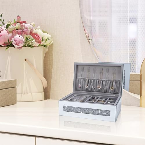 Poeuai Glam Rhinestone Crystal Silver Glass Jewelry Box, Sparkly Blinged Out Mirror Jewelry Box for Women, Elegant Jewel B...
